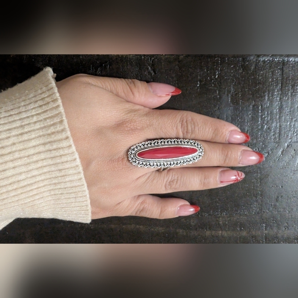 Western Chic Faux Red and Silver Women's Ring - Picture 9 of 11